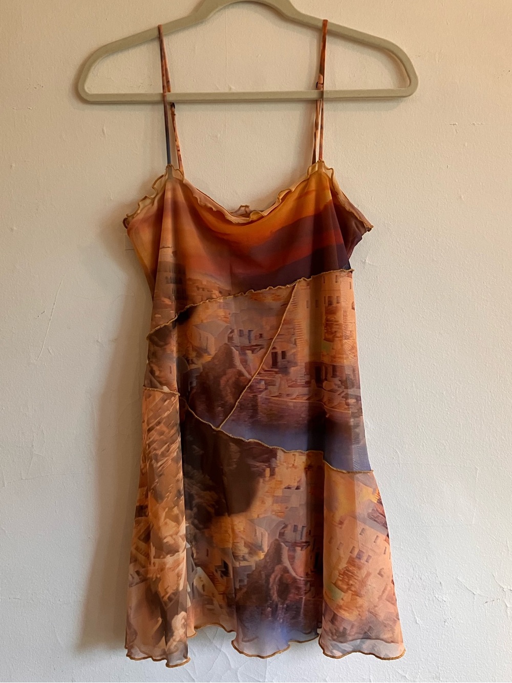 Urban Outfitters Moxie Mesh Mini Slip Dress orange ruffle hem size S